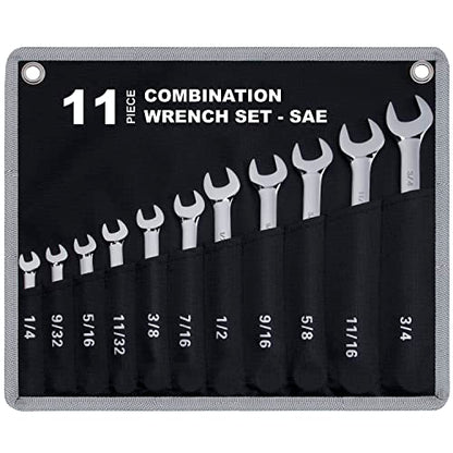 11-Piece SAE Combination Wrench Set in Roll-up Pouch, Non-Skip Inch Sizes 1/4 to 3/4” | Chrome Vanadium Steel with Mirror Finish | Ideal for General Household, Garage Workshop, Auto Repairs and More - size: 11-Piece SAE Set