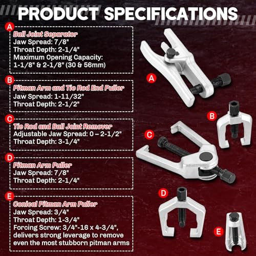 5-in-1 Ball Joint Separator | Pitman Arm Puller Tie Rod End Tool Set for Front End Service, Splitter Removal Kit Ball Joint Removal Tool - color: Red