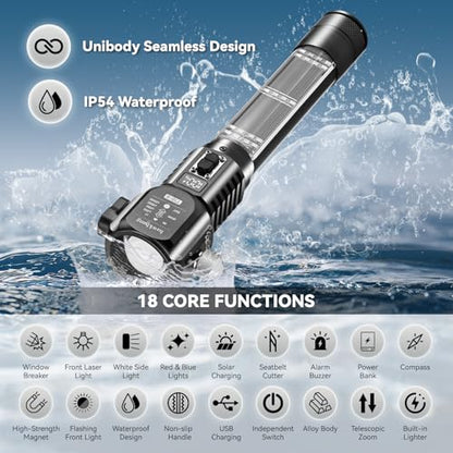 18-in-1 Car Emergency Flashlight, Window Breaker Seatbelt Cutter | 800LM solar/usb flashlight, magnetic base, emergency power bank, electric lighter, 120dB alarm & compass. Ideal driver gift