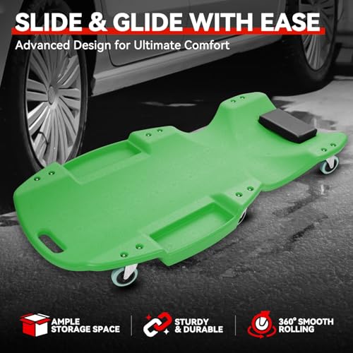 Auto Dynasty 47 Inches Mechanic Creeper, Automotive Garage Repair Low Profile Under Car Rolling Creeper with Padded Headrest, Plastic, Green - color: Green
