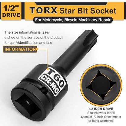 1/2" Drive T60 Torx Bit Socket, Star Bit Socket, CR-MO Steel, Motorcycle, Bicycle Machinery Repair - size: 1/2" T60 Deep