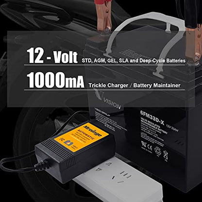Trickle Charger, Mroinge 12V 1000mA Smart Battery Charger & Maintainer and Automatic Float Charger for Motorcycle, ATV, Lawnmowers and More. [2-Pack]