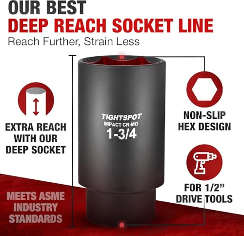 TIGHTSPOT 1/2" Dr 1 3/4 Inch Deep Socket, Anti-Round 6-Pt, CRMO Steel - size: 1/2” Drive 1 3/4” Deep Impact Socket - 6pt, style: 1/2" Drive Deep Socket