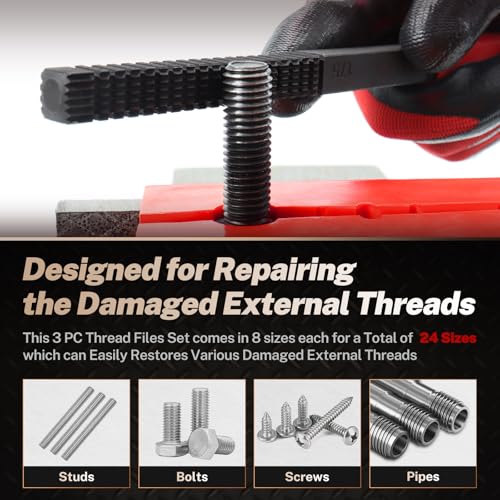 TOMMARS 3-Piece SAE and Metric Thread File Set for External Threads | Thread Restorer and Chaser Repair Tools for Cleaning and Restoring Damaged External Threads in Standard and Metric Sizes