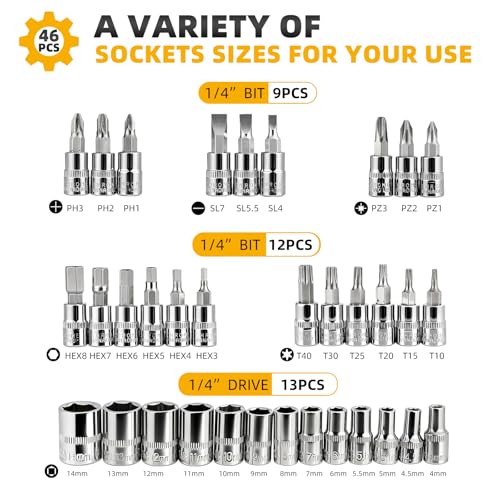 46 Pieces Drive Socket Ratchet Wrench Set, 1/4 inch Metric Socket Set, Ratchet Wrench Set with Quick-Release Ratchet and Extension Bar, Storage Case - Perfect for Auto Repair & Home Use