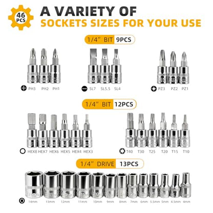 46 Pieces Drive Socket Ratchet Wrench Set, 1/4 inch Metric Socket Set, Ratchet Wrench Set with Quick-Release Ratchet and Extension Bar, Storage Case - Perfect for Auto Repair & Home Use