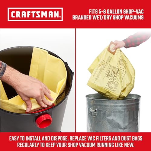 CRAFTSMAN CMXZVBE38775 5-8 Gal. Wet Dry Shop Vacuum Dust Collection Bags | For Fine Dust, Fits Most 5 to 8 Gallon Shop Vacuums, Collects Dry Fine Debris, Reduces Cleanup Time, 2-Pack - style: 5-8 Gallon Fine Dust