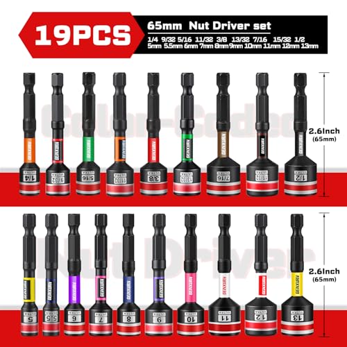 Geinxurn Impact Nut Driver Set, 19 Pieces 2.56 Inch Long Magnetic Metric&SAE Nut Setter Set 6 Point Alloy Steel Use 1/4” Hex Shank Impact Driver Stored in Portable Storage Cases for Repair - size: 2.56", style: 2.56"-S&M