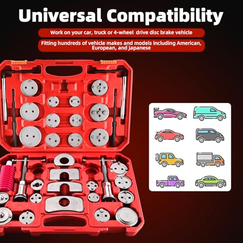 8MILELAKE 35pcs Disc Brake Caliper Tool Kit, Heavy Duty Disc Brake Piston Caliper Compressor Rewind Tool for Brake Pad Replacement, Fits Most American, European, Japanese Autos (Red) - color: Red