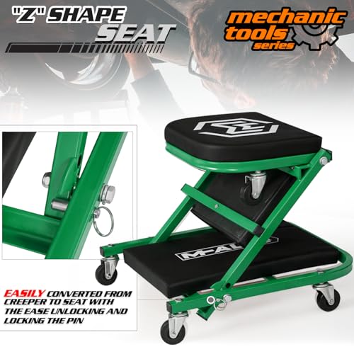 M-AUTO Foldable Z Creeper 2-in-1 Rolling Folding Car Creeper & Seat, 36" Adjustable Roller Garage Chair Lay Down or Sit, 330LBS Capacity Under Car Roller Creeper with 6 Swivel Casters, Green - color: Green, size: 36"