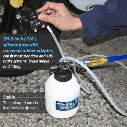 FIRSTINFO Patented 33 oz Vacuum Brake Bleeder, Hands-Free Operation | Pneumatic operation • Lever valve design • Universal rubber adapter • 59 in hose • Brake/clutch service • Made in Taiwan - size: 1L