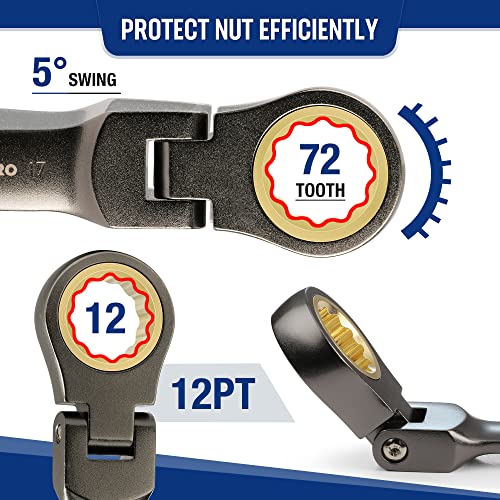 WORKPRO 8 Piece Flex Head Stubby Ratcheting Combination Wrench Set, Metric 9-17 mm, 72-Teeth, CRV, Nickel Plating with Rolling Pouch - size: Metric, style: Nickel-plated