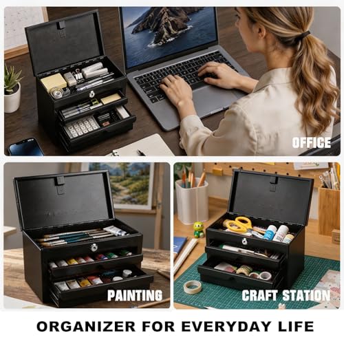 JACK BOSS Mini Tool Box with Two Drawers,Small Metal Tool Box with Lockable Top Storage,Multi-Purpose Portable Tool Boxes Case Organizer,Small Tool Chest with PVC Mats,L10.8"×W6.6"×H7",Black - color: Black