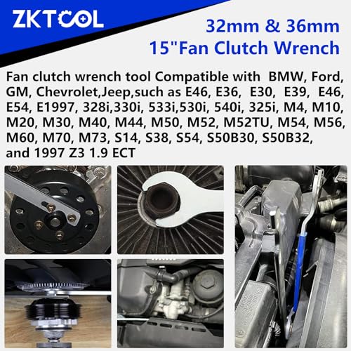 ZKTOOL Fan Clutch Wrench Set,32mm & 36mm Clutch Fan Tool Wrench,Water Pump Pulley Holder Removal Tool For BMW, Ford, GM, dodge,Chevrolet,jeep Fan Clutch Removal Kit,Water Pump Holder.