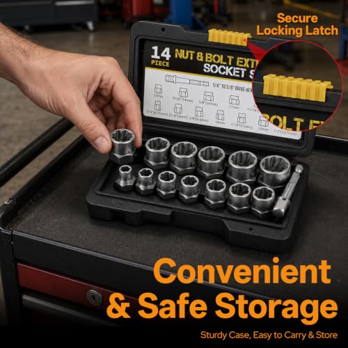 14PCS Bolt Extractor Kit, 3/8" Drive Bolt & Nut Remover Set, Cr-Mo Easy Out Tool with Storage Case for Stripped, Rusted, Rounded and Damaged Bolts, Nuts & Screws