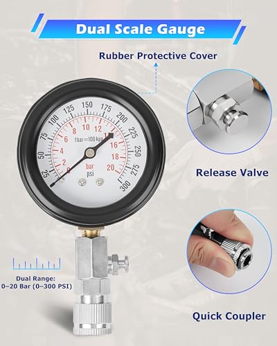DAYUAN Professional Petrol Engine Compression Tester Kit Set, Blue Case | 8 Pcs, 14mm & 18mm Adapters, Dual Scale Gauge, 0-300 PSI/0-20 Bar, Reinforced Rubber Hose, Universal for Cars Motorcycles - color: Blue