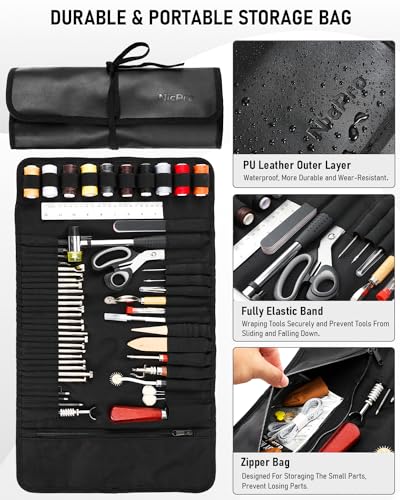 Nicpro 85PCS Leather Tooling Kit Leather Working Tools Kit with Custom Storage Bag, Adults Leather Making Craft Tools Beginner Kit for Stamping Sewing Carving Cutting Punching Leather Working - size: 85PCS