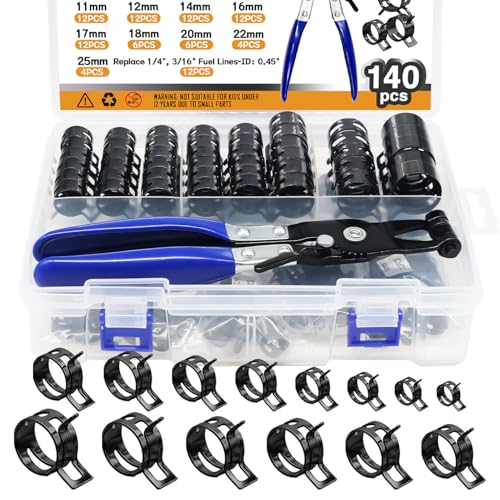 140PCS 6-25mm 14 Sizes Spring Band Hose Clamps with Swivel Flat Hose Clamp Plier, Constant Tension Hose Clamp Assortment Kit DD037 - color: Black