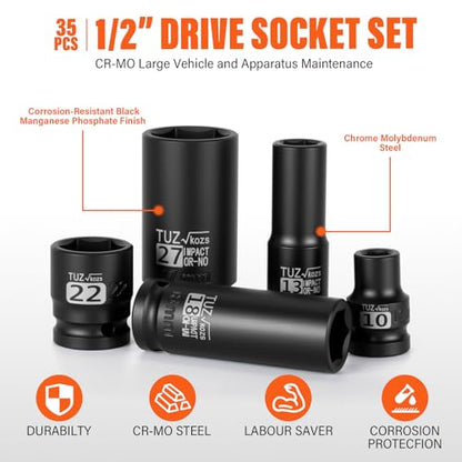 1/2 Drive Impact Socket Set, 35 PCS Metric Shallow (8mm-32mm) & Deep (10-32mm) Sizes, 6 Point, CR-MO Alloy Steel Axle Nut Socket for Auto Repair - size: 1/2" Deep&Standard 35pc