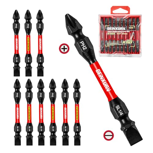 Geinxurn 10Pcs SL1/4-PH2 Impact Double End Screwdriver Bit Set, 2.56 in. #2 Phillips/Power Driver Bits, Magnetic S2 Steel Two Sides Screwdriver Bits Set with Storage M-Box - style: 2.56"-PH2/SL1/4-10PC