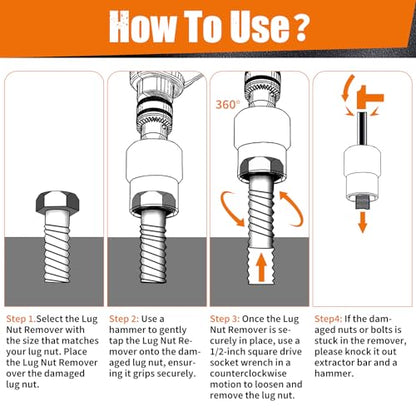 GIREORAN Wheel Lock Removal Kit, 10 Piece Lug Nut Remover, 1/2-Inch-Drive Impact Easy Out Bolt Extractor Socket Set for Removing Damaged, Frozen, Rusted, Rounded-Off Bolts, Nuts & Screws - size: 10 Piece