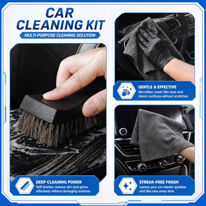 12PCS Car Cleaning Kit, Leather Brush Car Detailing Interior Set, Horsehair Seat Brushes, Auto Detail Brush, Microfiber Towels, Applicator Pads & Storage Bag, Automotive Supplies
