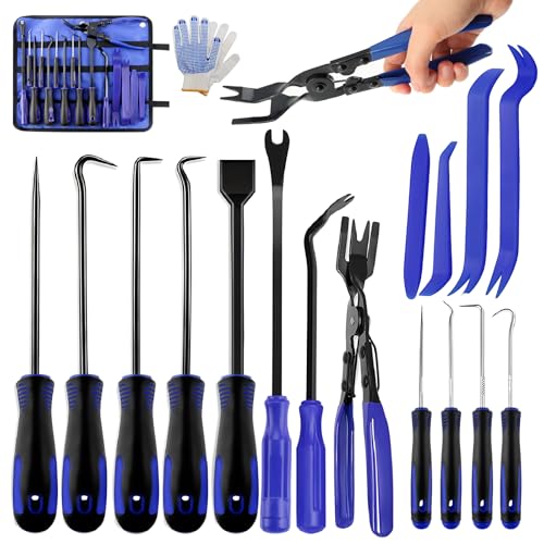17 Pcs Auto Trim Removal Tool Kit, Pick Set Car Door Panel Clip Removal Tool Mechanic Hook and Pick Tool Set with Storage Bag & Gloves for Automotive Repair and Car Body Door Panel Fastener Removal
