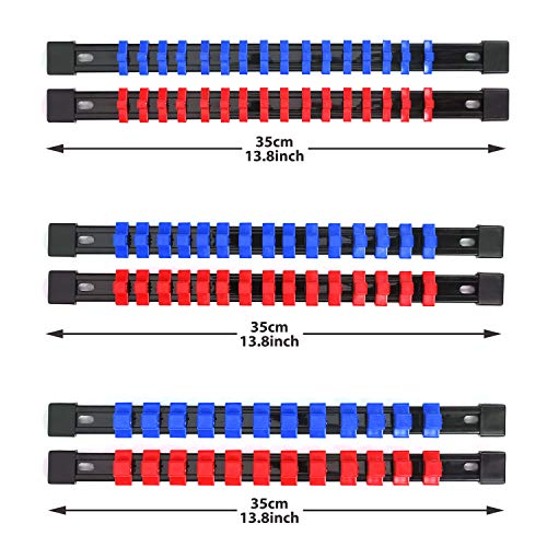 CASOMAN 6PC ABS Socket Organizer, 1/4-Inch, 3/8-Inch, 1/2-Inch, Premium Quality Socket Holders (6-Piece Set, Blue & Red) - size: 6PCS