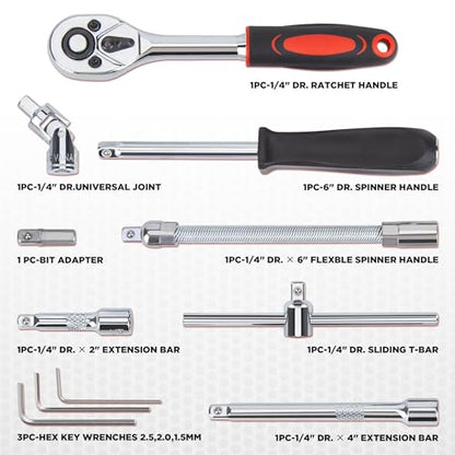CARTMAN 53PCS 1/4 in Drive Socket Ratchet Wrench Tool Set with Bits&Case | auto repair, home maintenance, garage, DIY, metric sockets, ratchet wrench, bit socket set, extension bar, storage case - style: 53 Piece