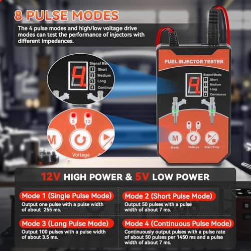 Universal Fuel Injector Tester Cleaner Tool Kit Automobile Fuel Injector Cleaner Kit, 8 Pulse Modes, 6 Size Cleaning Adapters, 12V/5V Output Power DIY Fuel Injector Tester Cleaner