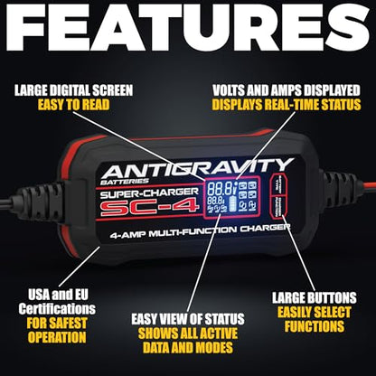 Antigravity SC-4 Super-Charger 4A Smart Battery Charger & Maintainer for 6V/12V Lithium (LiFePO4) & 12V Lead-Acid Batteries – Wall-Powered, LCD Display, Voltage Tester, BMS Reset