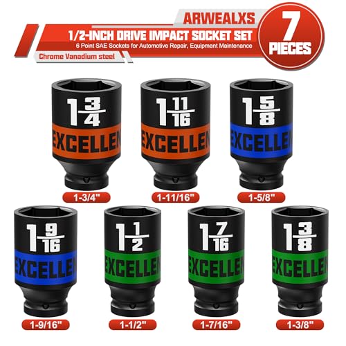 7 Pieces 1/2-Inch Drive Impact Socket Set, 1-3/8" to 1-3/4" Alxe Nut Socket, 6 Point SAE Sockets for Automotive Repair, Equipment Maintenance - size: 1/2 Inch SAE Axle