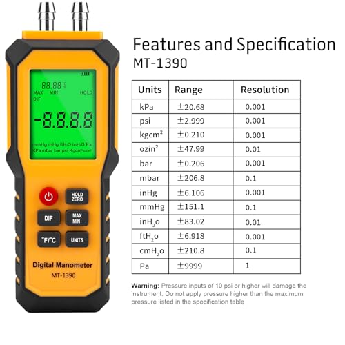 5/16 Inches Diameter Pressure Port Digital Manometer, YZT Meter Dual Port Air Pressure Meter Pressure Gauge HVAC Gas Tester, Differential Pressure Manometer - style: 5/16 Inches Diameter Port