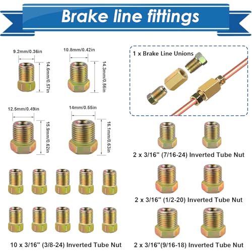 3/16inch x 25 ft Brake Line Tubing Kit Flexible Copper Coated Alloy Brake Line Tubing Coil with 18 Inverted Flare Fittings and 1 Unions SAE Standard - size: 3/16 Inch Gold, style: Brake Line