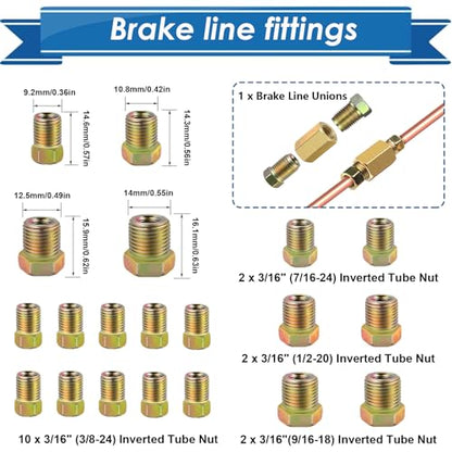 3/16inch x 25 ft Brake Line Tubing Kit Flexible Copper Coated Alloy Brake Line Tubing Coil with 18 Inverted Flare Fittings and 1 Unions SAE Standard - size: 3/16 Inch Gold, style: Brake Line