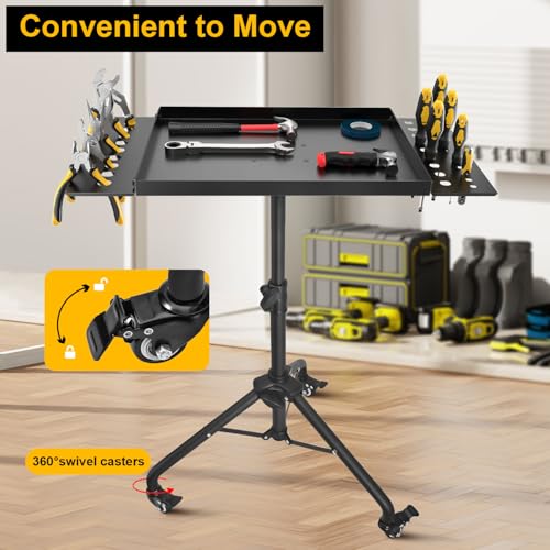 Rolling Tool Tray Cart, Mobile Work Table Tool Tray with 2 Tool Holder Metal Tattoo Tray Height Adjustable, Tool Table Rolling Utility Cart, Tray Cart Tool Storage for Salon Garage Bike Work Shop