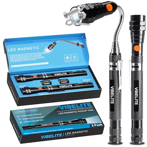 Extendable Magnetic Flashlight with Telescoping Magnet Pickup Tool, 2 Pack | Cool Gadget, Dad Gifts, Birthday Gifts for Men, Dad, Husband, Him, Father, Mechanic, Boyfriend, Women, Black
