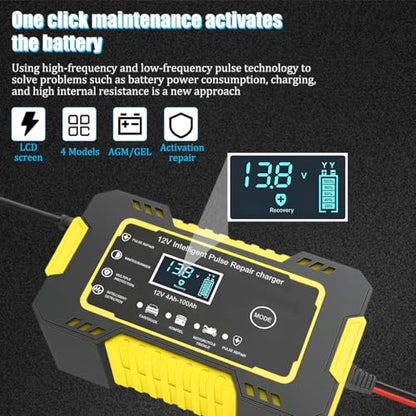 Car Battery Charger, 12V 6A Smart Fully Trickle Vehicle Battery Charger & Desulfator with Temperature Compensation, Portable Automotive Power Maintainer, Universal Fit (Yellow) - color: Yellow
