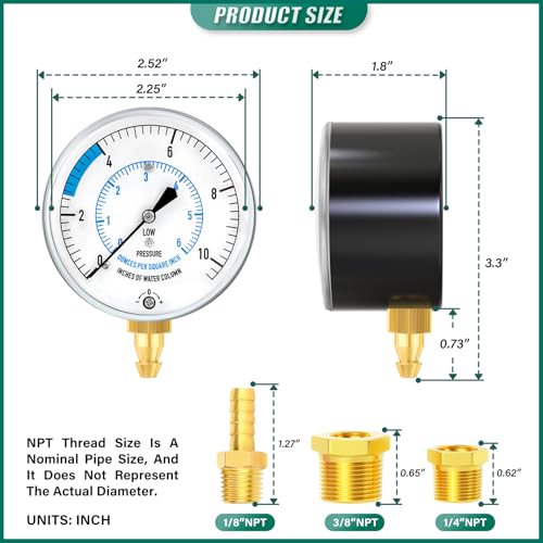 0-10" W.C Natural Gas or LP Gas Manifold Pressure Test Kit, with 40" Feet Hose, 1/8" NPT Fitting, Barbed Connection and Hex Bushing, for Kitchen and Industrial Equipment - size: 0-10" W.C