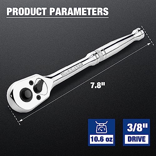 WORKPRO 3/8-Inch Drive Ratchet, Quick-Release 72-Tooth Ratchet Wrench | Reversible 3/8 Drive Ratchet Handle, Chrome Alloy Made, Cr-Mo Head, Full Polished - size: 3/8"