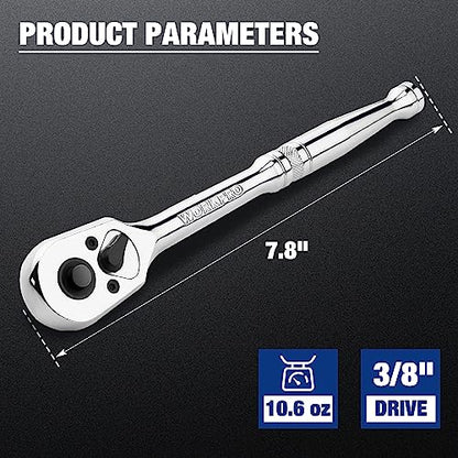 WORKPRO 3/8-Inch Drive Ratchet, Quick-Release 72-Tooth Ratchet Wrench | Reversible 3/8 Drive Ratchet Handle, Chrome Alloy Made, Cr-Mo Head, Full Polished - size: 3/8"