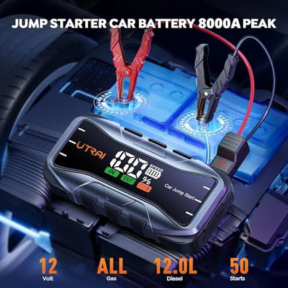 UTRAI 8000A Portable Jump Starter for Car, 12V Jump Box for Car Battery, All Gas & 12L Diesel Engines, 27000mAh Jump Pack with 65W USB-C Fast Charging, 2 USB & DC Output, 600LM LED Flashlight - color: Black