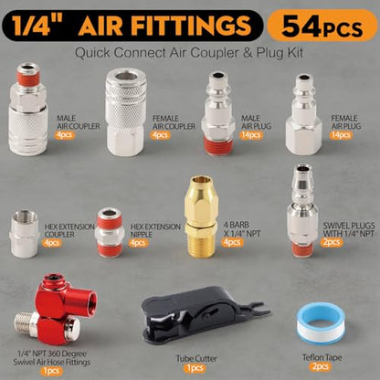54-Pcs 1/4 NPT Air Fittings Kit, Quick Connect Fitting Set with Swivel Coupler, Push to Connect Pneumatic Fittings Assortment for Air Compressor, Air Line, Pneumatic Tools - size: 54 PCS