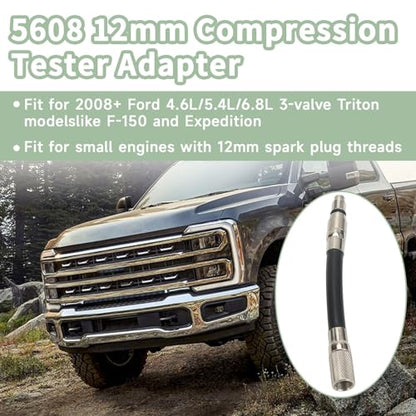12mm Compression Tester Adapter 5608 for Ford 4.6L 5.4L 6.8L 3-Valve Engines 2008+ Triton Spark Plug Thread Adapter Automotive Engine Compression Test Tool