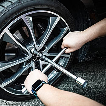 CARTMAN 14 Inch Heavy Duty 4 Way Universal Cross Lug Wrench Tire Iron | Built with sturdy thick steel structure, 4 integrated sockets sized 17/19mm & 21/22mm for effortless vehicle tire maintenance - size: 14" Chrome