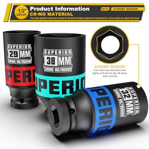 9 Piece 1/2" Drive Impact Socket Set, 29 mm-38 mm Axle Nut Socket, Metric, CR-MO, 6 Point, Large Equipment Maintenance, Home Repair, Car Repair and More - size: 1/2" Heavy Metric