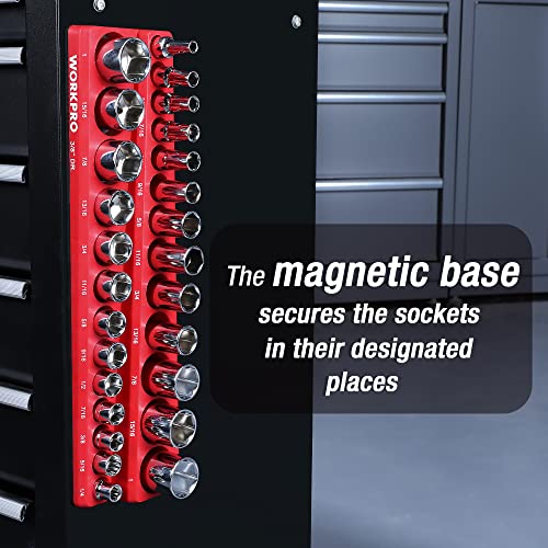 WORKPRO Magnetic Socket Organizer, 3/8-Inch SAE Socket Holder | Hold 26-Piece Sockets, Suitable for Standard and Deep Socket, Magnetic Base, No Scratches Installation, Sockets not Included - size: 3/8" DR - SAE