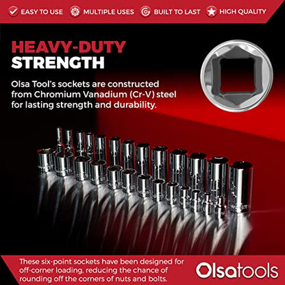 Olsa Tools SAE Shallow Socket Set - 1/4-Inch Drive, 13pc - 6-Point Chrome Sockets 1/8" to 5/8" and No Skipped Sizes - Mechanic Shallow SAE Socket Set - Professional Grade Short Sockets - Part: 1330 - color: Sae Shallow, size: 13pc, 1/4-Inch Drive