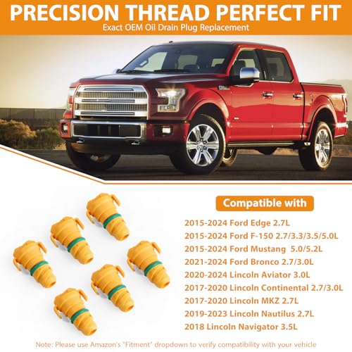 Oil Drain Plug 6 Pack Compatible with Ford F150 Mustang Bronco Edge Lincoln Explorer 2.7, 3.0, 3.5, 5.0 KX6Z6730B KX6Z-6730-B FT4Z-6730-A BC3Z-6730-A