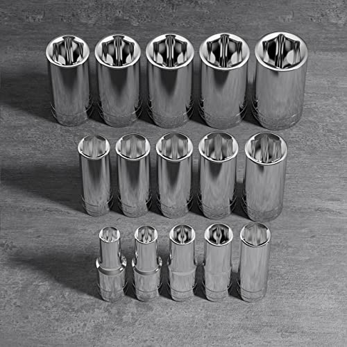 Olsa Tools SAE Deep Socket Set - 1/2-Inch Drive, 18pc - 6-Point Chrome Sockets from 3/8" to 1-1/4" and No Skipped Sizes - Mechanic Deep SAE Socket Set - Professional Grade Long Sockets - Part: 1319 - color: Sae Deep, size: 15pc, 1/2-Inch Drive